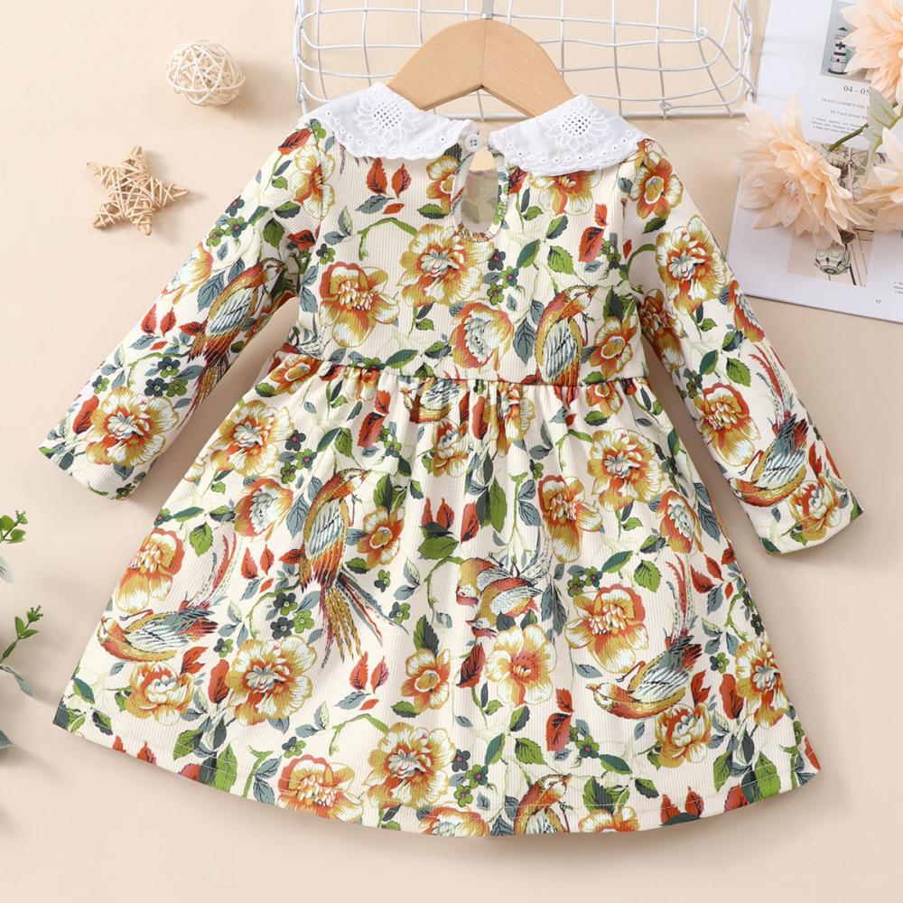 Autumn Winter Green Dress Long Sleeve Cotton Print Princess Girls Clothing Wholesale Girls Dress