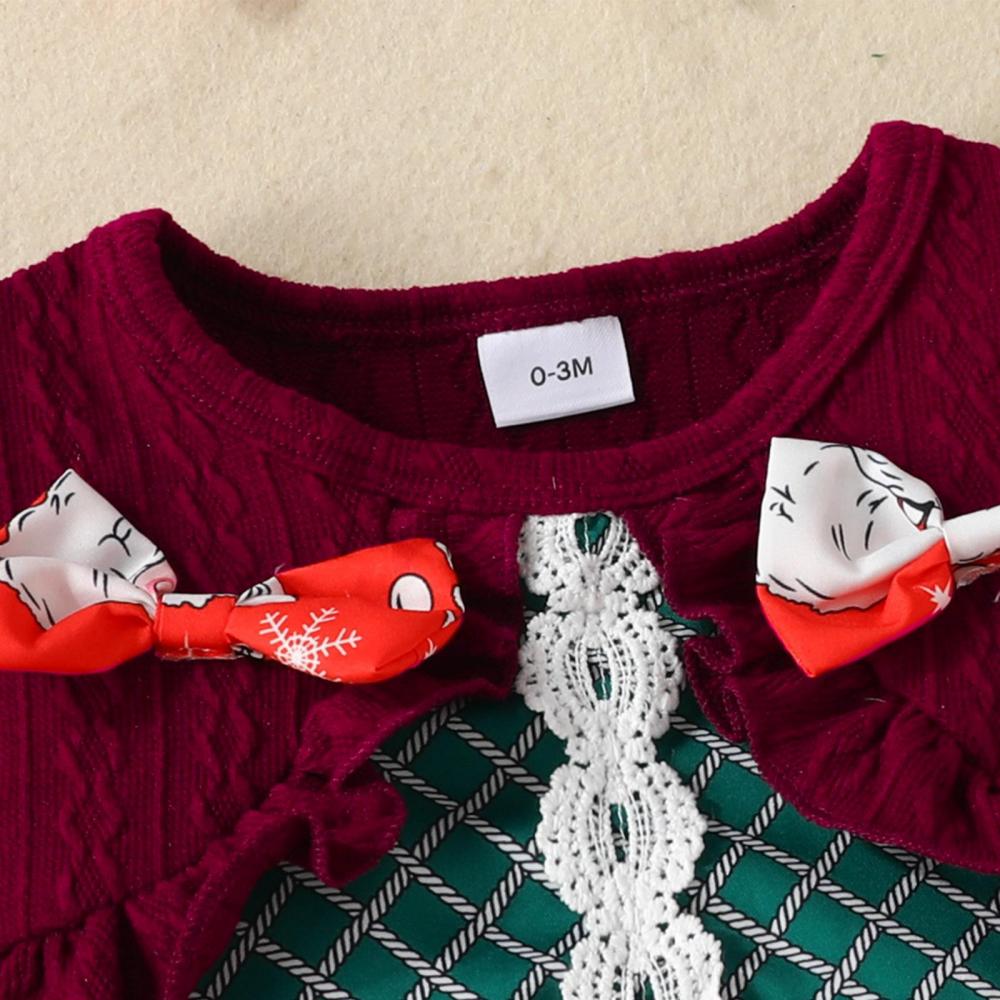 Western-style Autumn Christmas Girls Long-sleeve Bow Fake Two-piece Dress Wholesale Baby Girls Dress