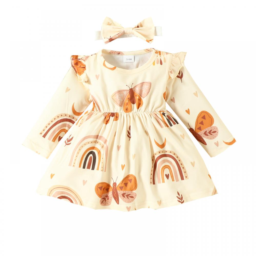 Autumn Baby Girls Print Long-sleeve Dress + Hairband Wholesale Girls Clothes