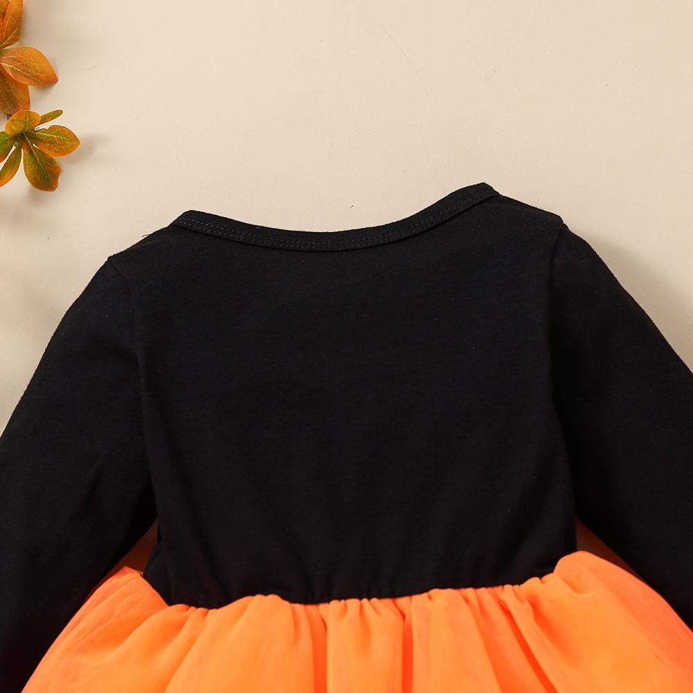 Little Girls Halloween Pumpkin Print Mesh Dress Wholesale Girls Dress