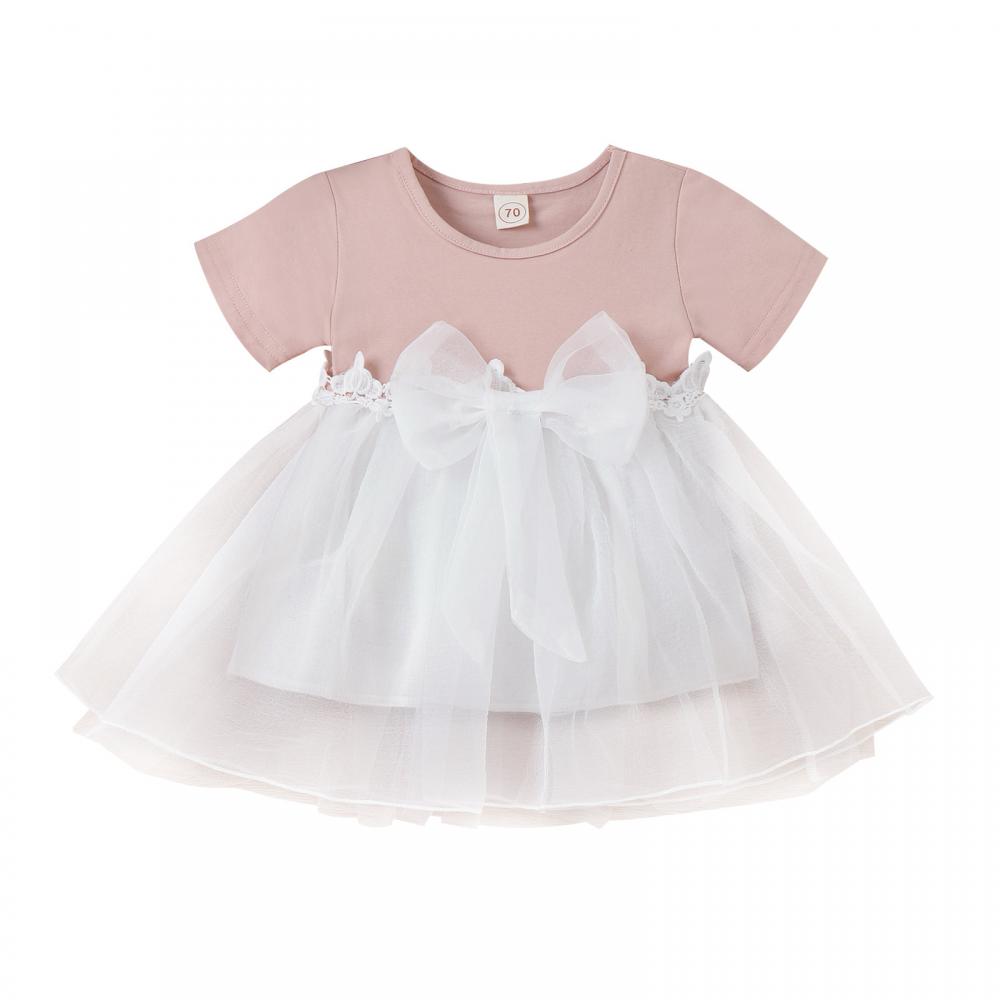 Summer Short Sleeve Lace Stitching Bow Mesh Skirt Princess Girl Dress Wholesale Baby Clothing