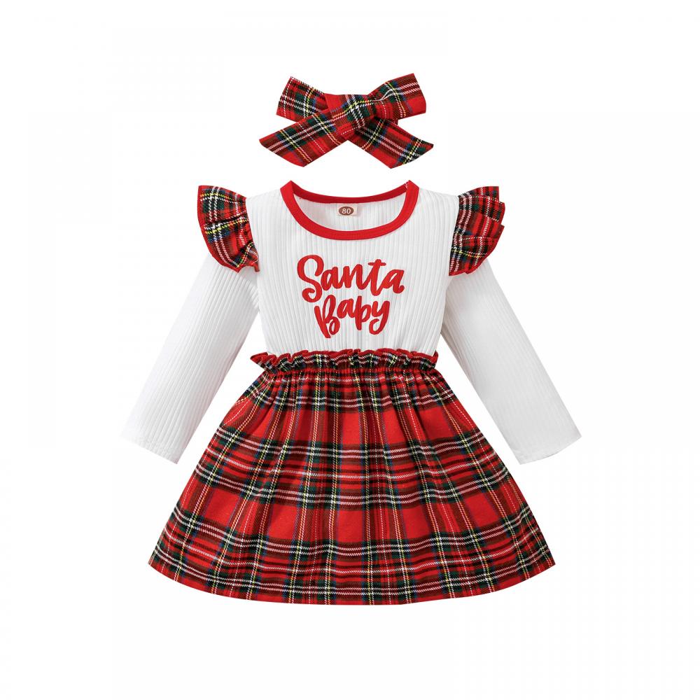 Christmas Baby Letter Print Plaid Dress Wholesale Girls Clothes