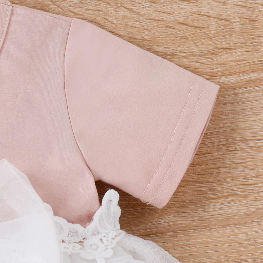 Summer Short Sleeve Lace Stitching Bow Mesh Skirt Princess Girl Dress Wholesale Baby Clothing
