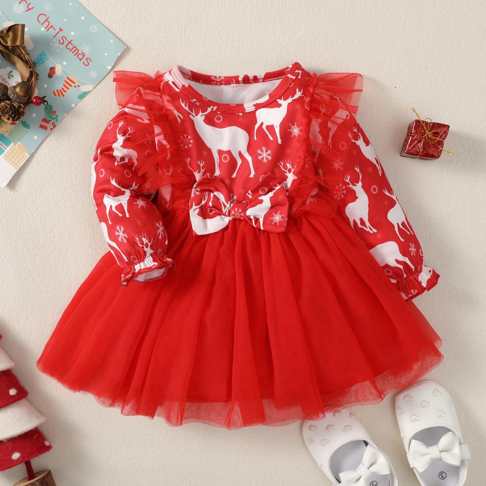 Christmas Baby Girls Western-style Elk Mesh Dress Wholesale Girls Dress