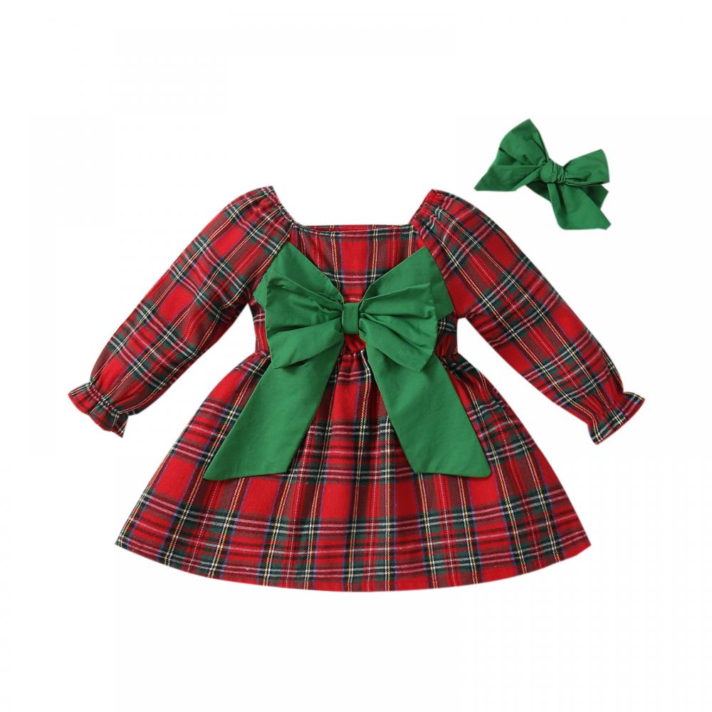 Mommbaby Christmas Girls Autumn and Winter Princess Bow Plaid Dress Kids Clothes