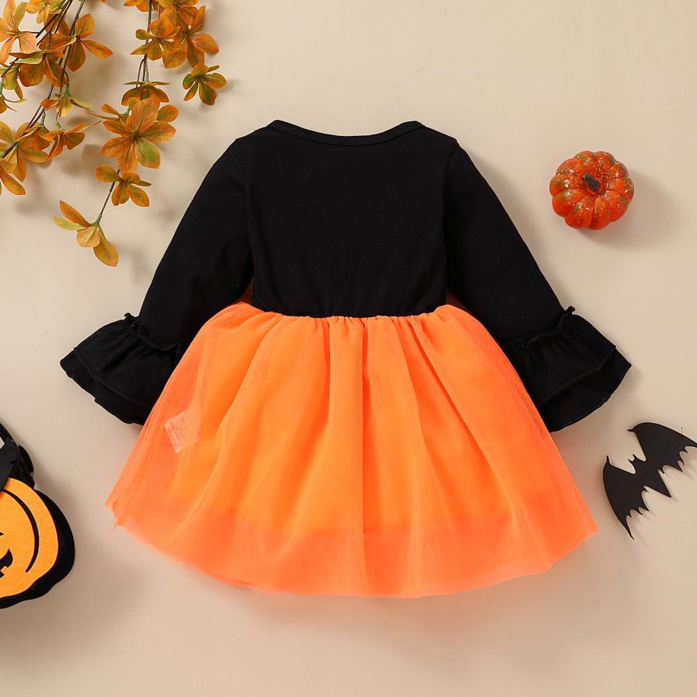 Little Girls Halloween Pumpkin Print Mesh Dress Wholesale Girls Dress