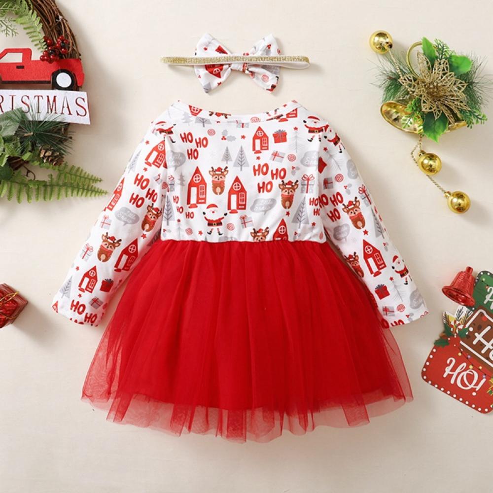 Christmas Baby Girls Elk Print Mesh Dress Wholesale Girls Dress
