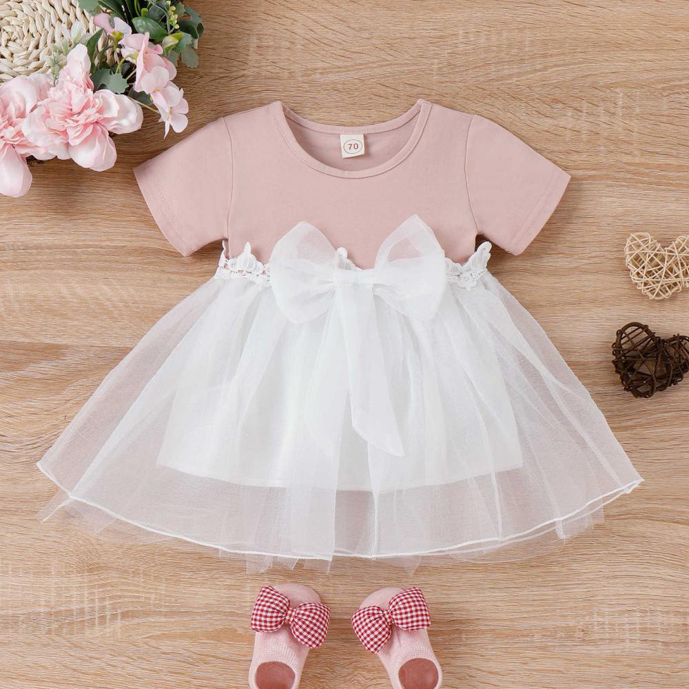 Summer Short Sleeve Lace Stitching Bow Mesh Skirt Princess Girl Dress Wholesale Baby Clothing