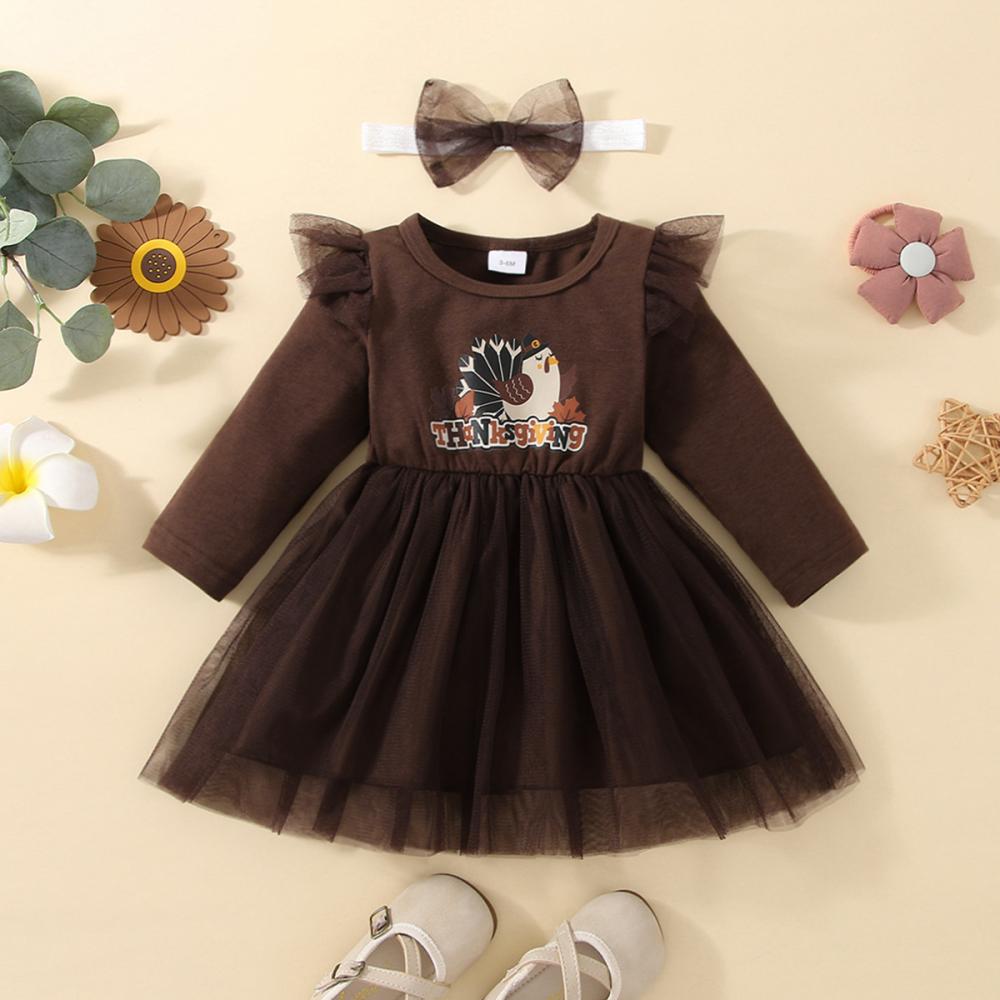 Girls Autumn And Winter Long-sleeved Stitching Thanksgiving Mesh Skirt Wholesale Girls Clothes