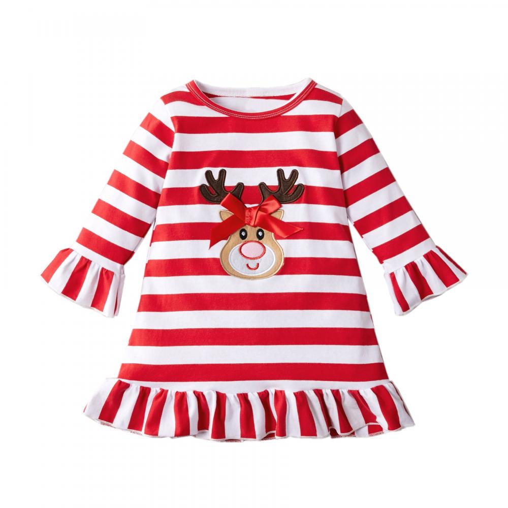 Christmas Cotton Striped Long Sleeve Ruffle Dress Baby Dress Wholesale