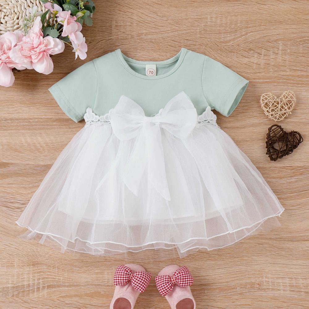 Summer Short Sleeve Lace Stitching Bow Mesh Skirt Princess Girl Dress Wholesale Baby Clothing