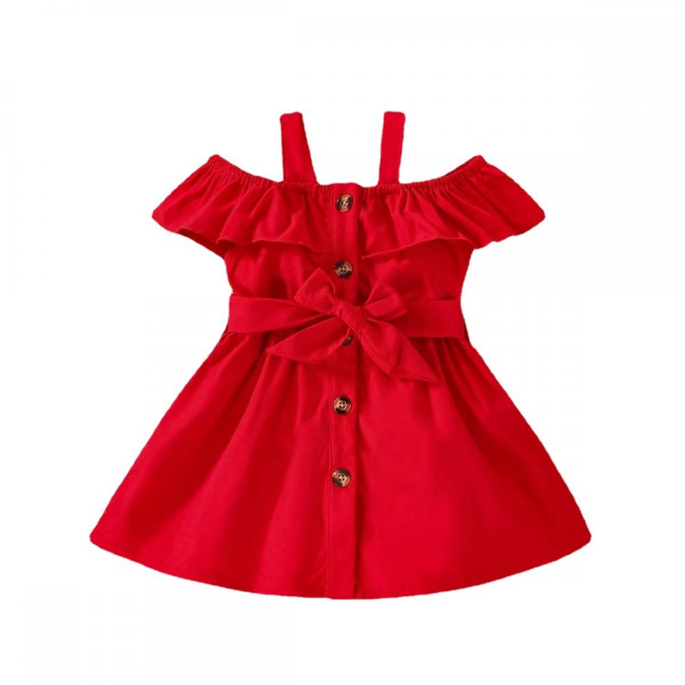 Baby Spring And Summer Condole Belt Shoulder Ruffled Button Strap Waist Princess Dress Wholesale Girls Dress