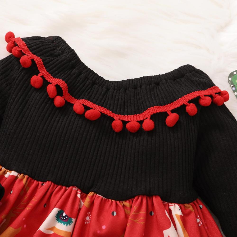 Autumn Christmas Girls Print Long-sleeve Dress + Hairband Wholesale Baby Girls Dress