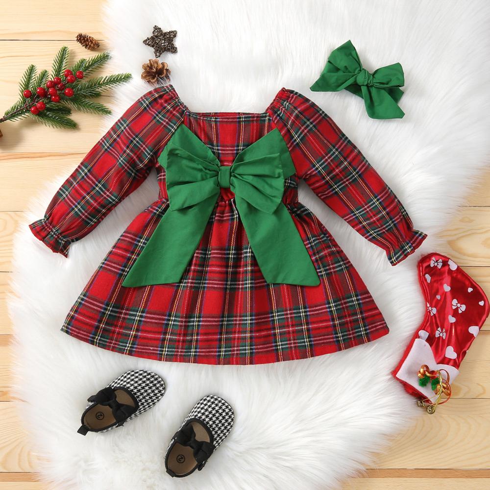 Mommbaby Christmas Girls Autumn and Winter Princess Bow Plaid Dress Kids Clothes