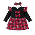 Christmas Clothing Girls Autumn Flying Sleeve Bow Knot Plaid Long Sleeve Dress Wholeslae Baby Girl Dress