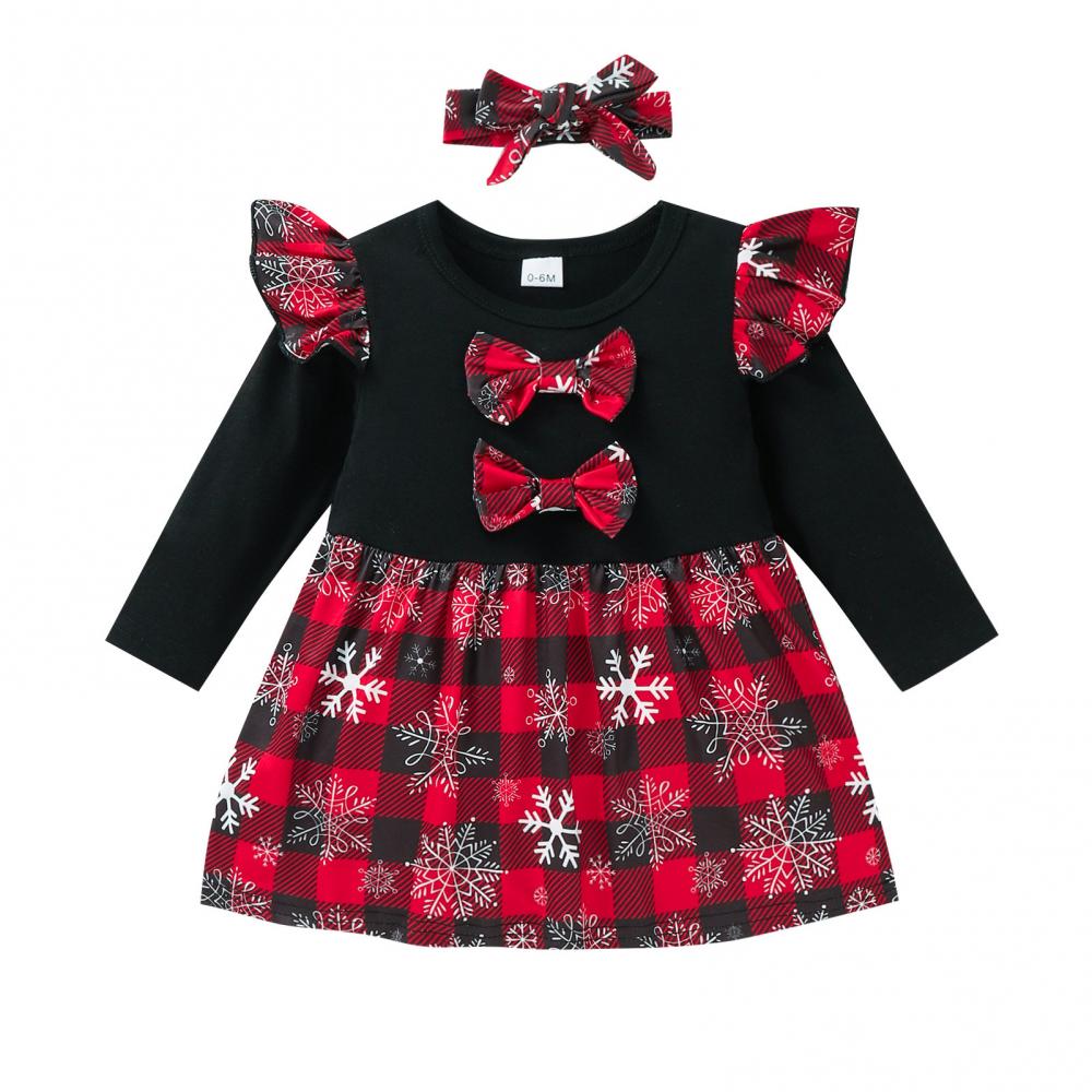 Christmas Clothing Girls Autumn Flying Sleeve Bow Knot Plaid Long Sleeve Dress Wholeslae Baby Girl Dress