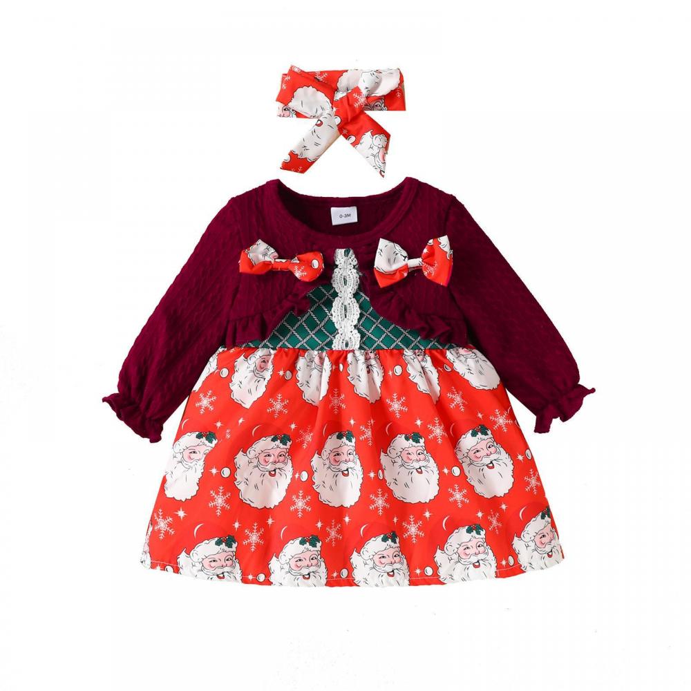 Western-style Autumn Christmas Girls Long-sleeve Bow Fake Two-piece Dress Wholesale Baby Girls Dress