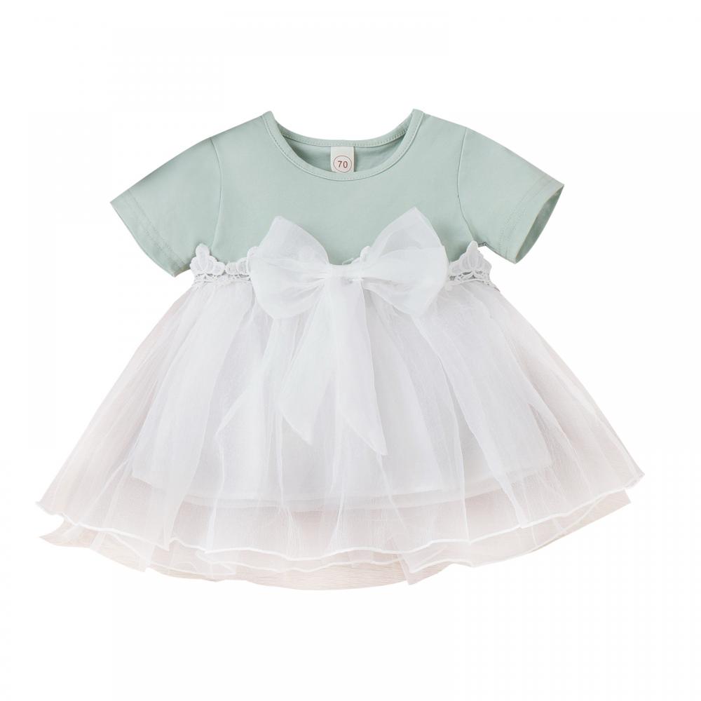 Summer Short Sleeve Lace Stitching Bow Mesh Skirt Princess Girl Dress Wholesale Baby Clothing