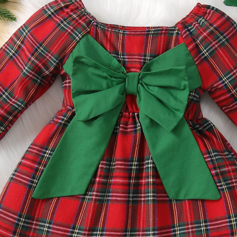 Mommbaby Christmas Girls Autumn and Winter Princess Bow Plaid Dress Kids Clothes