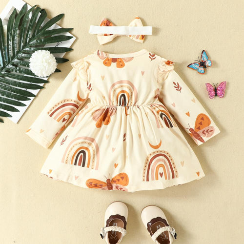 Autumn Baby Girls Print Long-sleeve Dress + Hairband Wholesale Girls Clothes