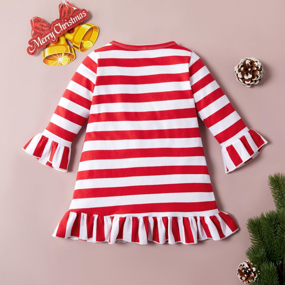 Christmas Cotton Striped Long Sleeve Ruffle Dress Baby Dress Wholesale