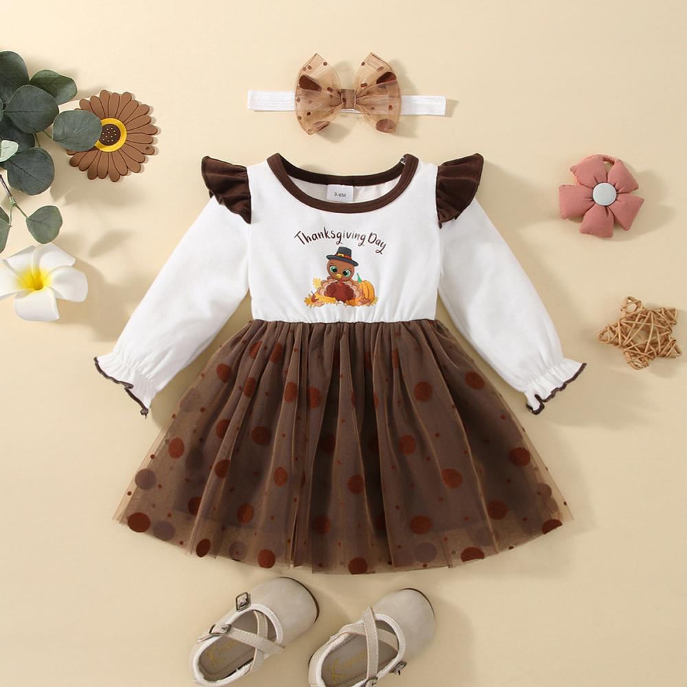 Girls Autumn And Winter Long-sleeved Stitching Thanksgiving Mesh Skirt Wholesale Girls Clothes