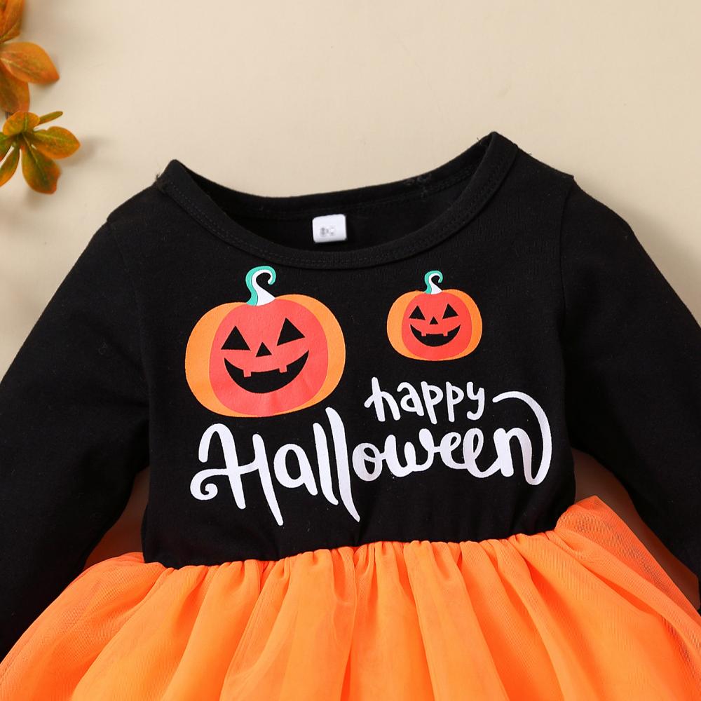 Little Girls Halloween Pumpkin Print Mesh Dress Wholesale Girls Dress