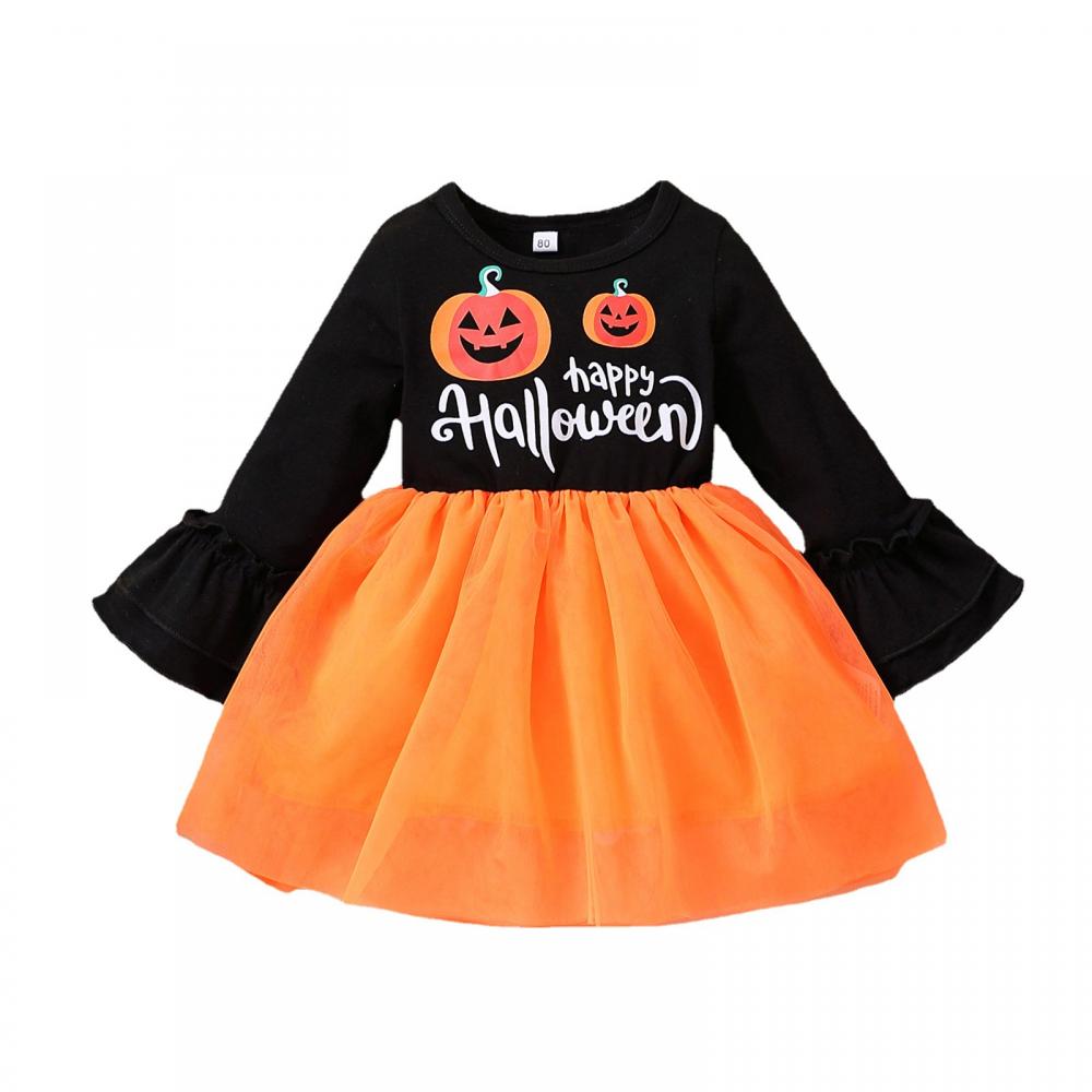 Little Girls Halloween Pumpkin Print Mesh Dress Wholesale Girls Dress