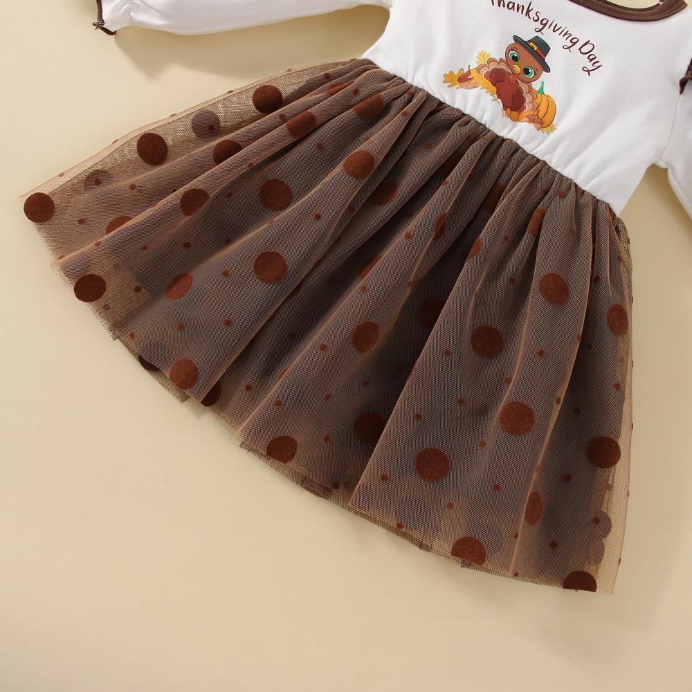 Girls Autumn And Winter Long-sleeved Stitching Thanksgiving Mesh Skirt Wholesale Girls Clothes