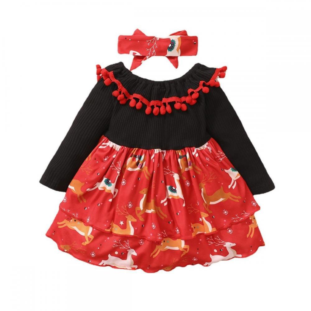 Autumn Christmas Girls Print Long-sleeve Dress + Hairband Wholesale Baby Girls Dress